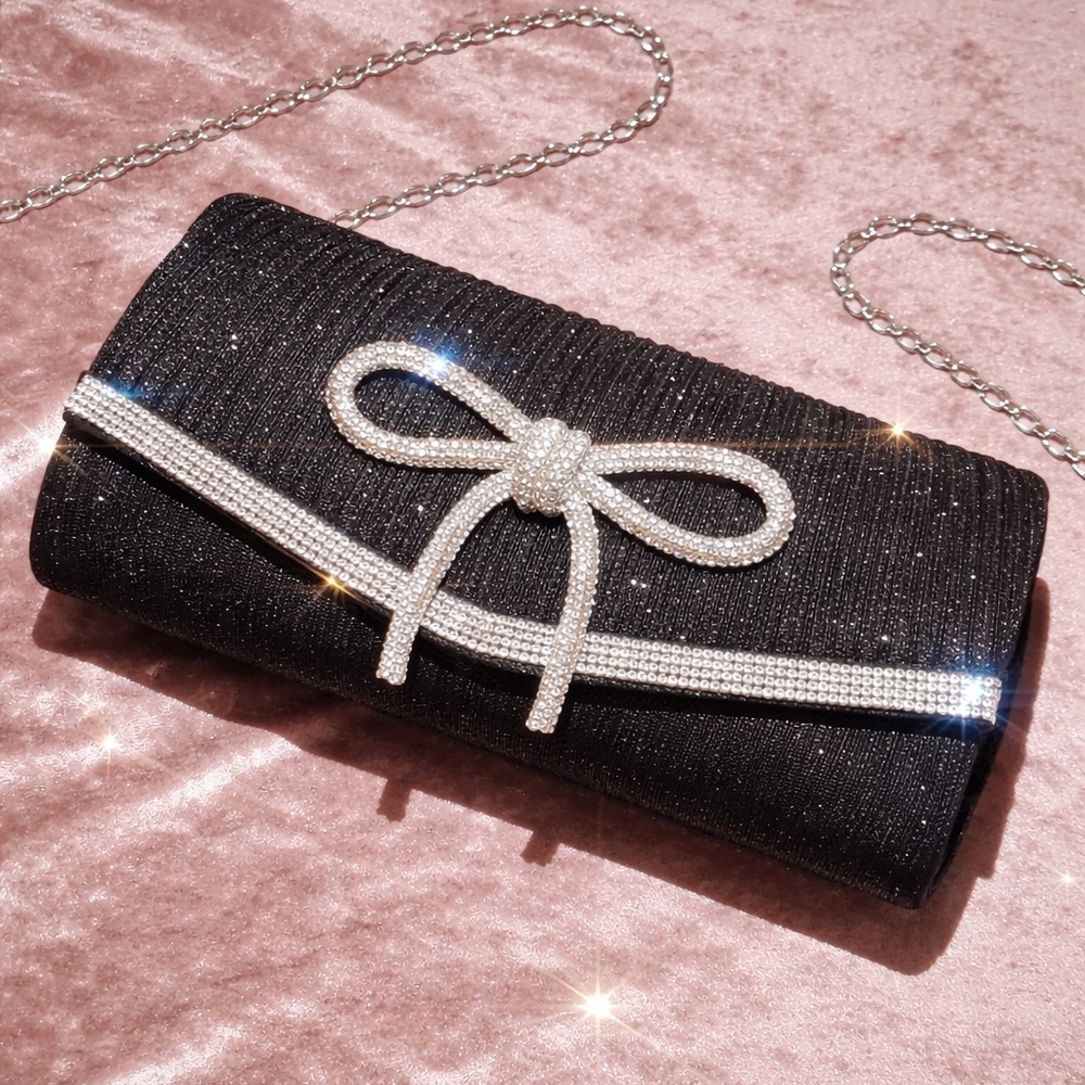TU.Luxe Chic Black Clutch with Silver Bow Detail NWT